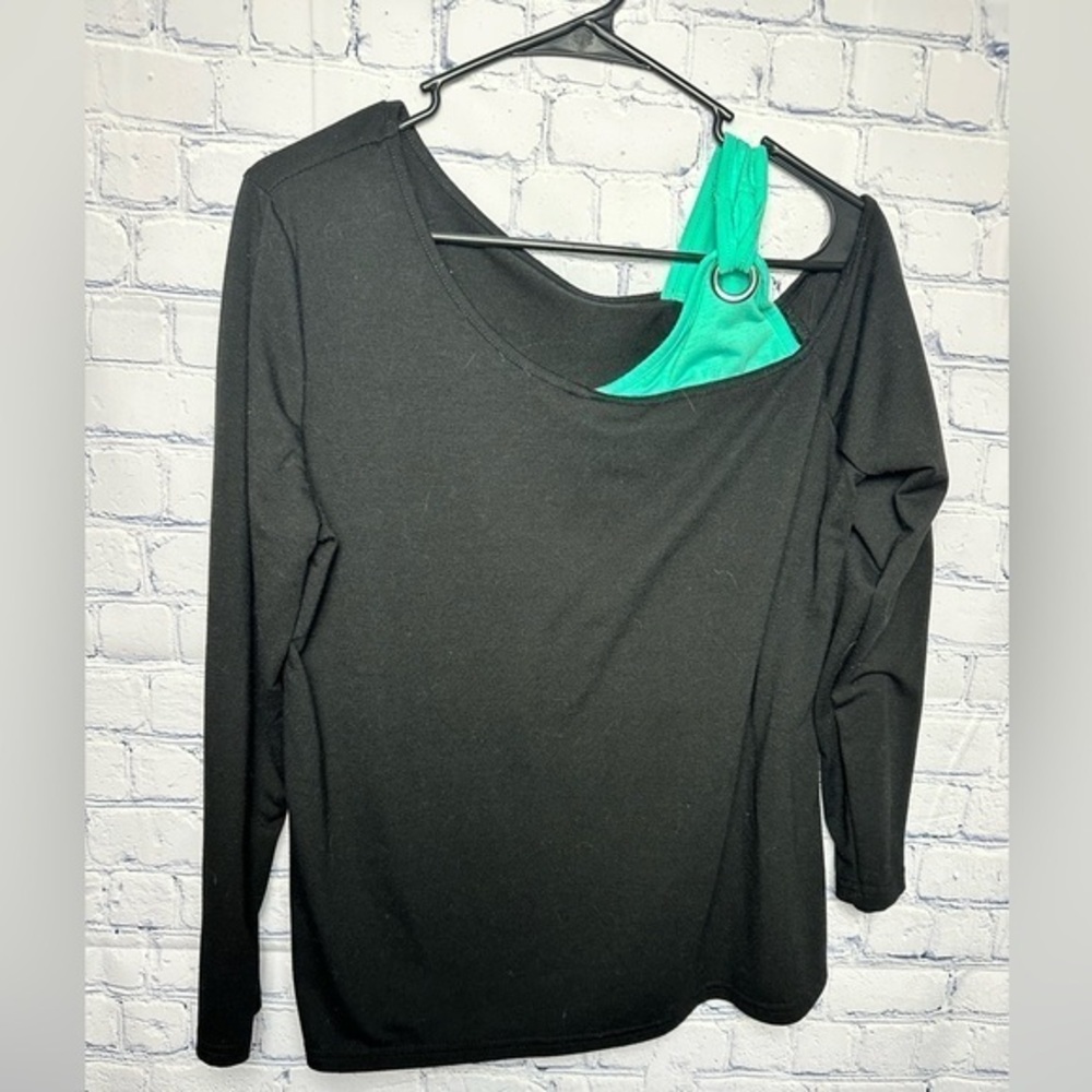 Black and teal long sleeve shirt with one open shoulder